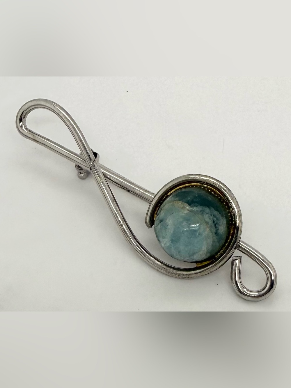 Vintage Sterling Silver Blue Aquamarine Cabochon Gemstone Treble Clef Music Note